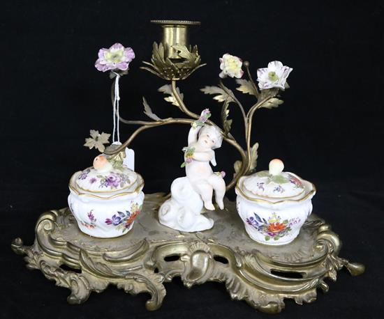 A Meissen & Dresden ormolu inkstand